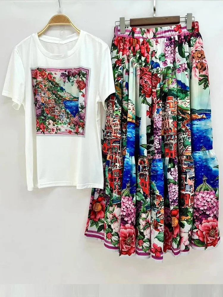 Geometrically printed T-shirt  big swing skirt two-piece