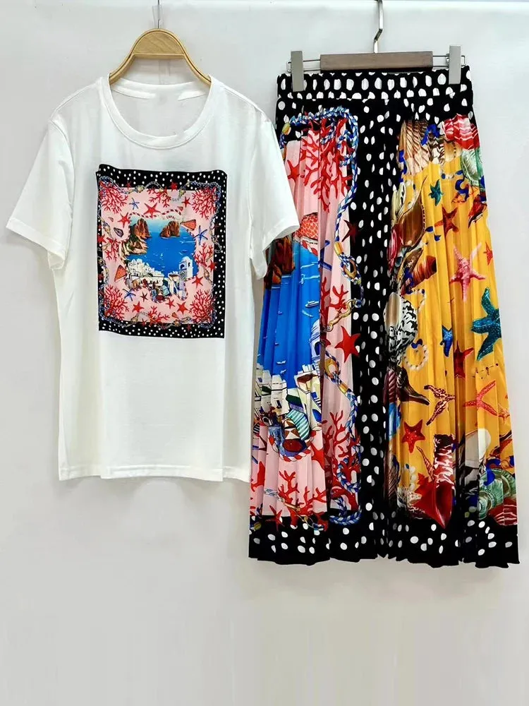 Geometrically printed T-shirt  big swing skirt two-piece