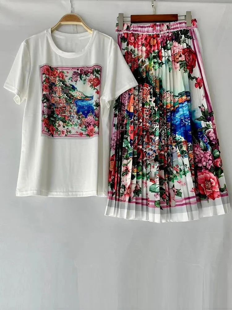 Geometrically printed T-shirt  big swing skirt two-piece
