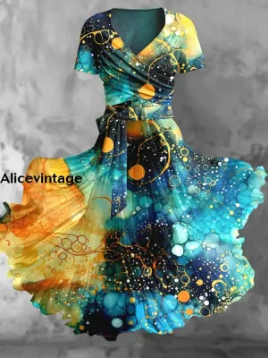 Gold Foil Tie-Dye Art Print Elegant Vintage Chic V-Neck Short Sleeve Two Piece Midi Dress