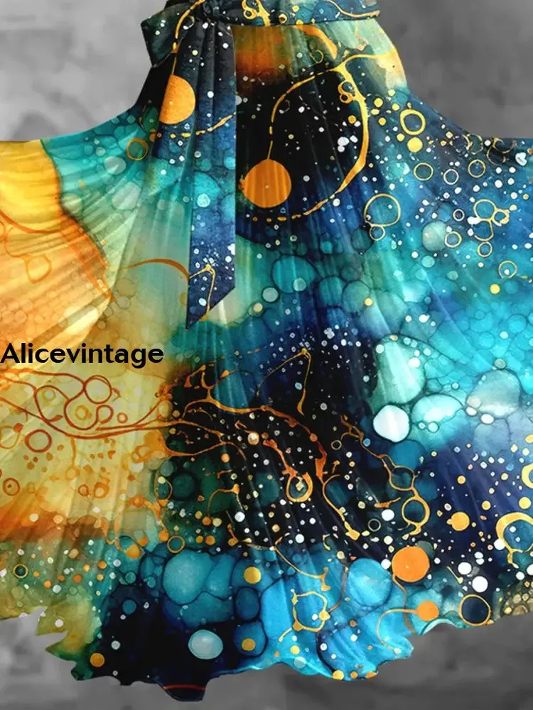 Gold Foil Tie-Dye Art Print Elegant Vintage Chic V-Neck Short Sleeve Two Piece Midi Dress