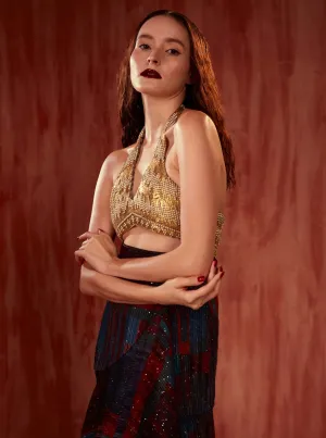 Gold mosaic brick embroidered halter bralette