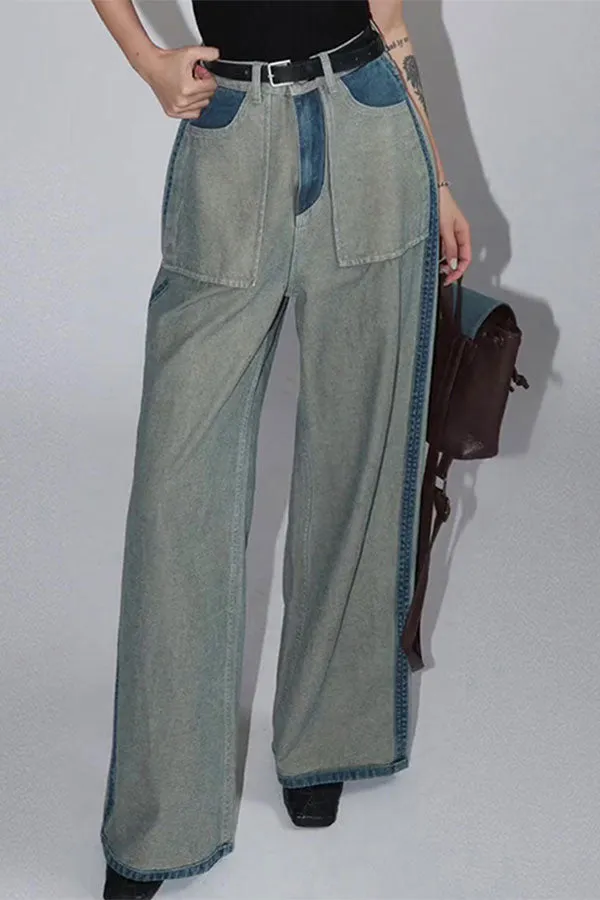 Goosudu Color Block Patchwork Casual Patch Pocket Jeans