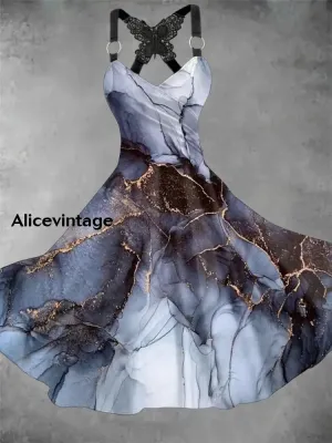 Gradient Marble Art Print Vintage Suspender Dress