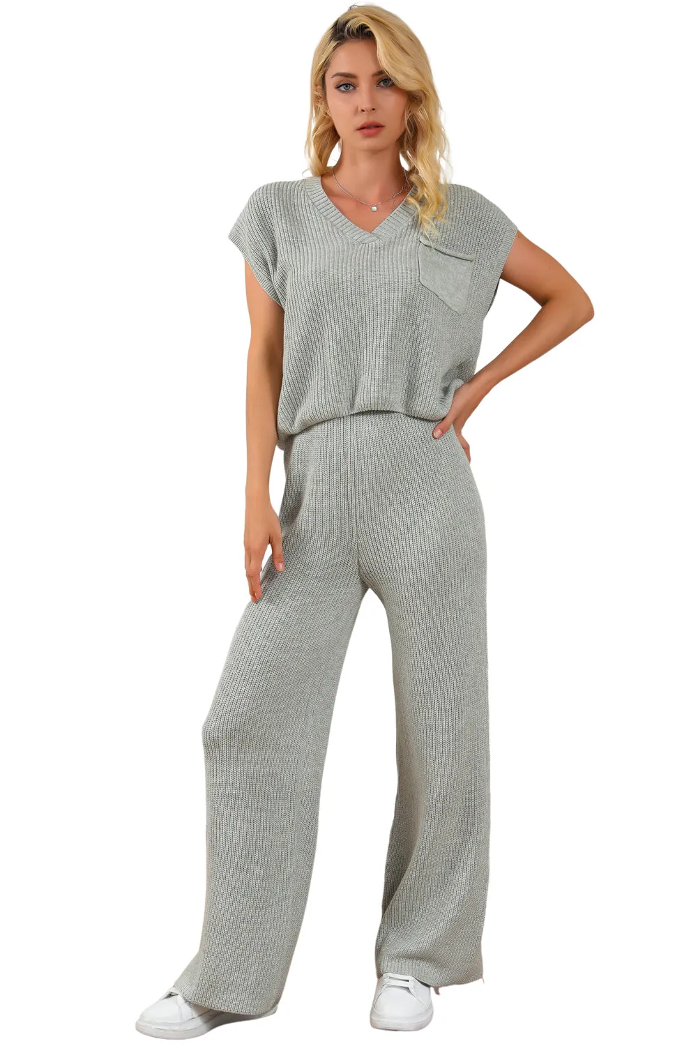 Gray Knitted V Neck Sweater and Casual Pants Set