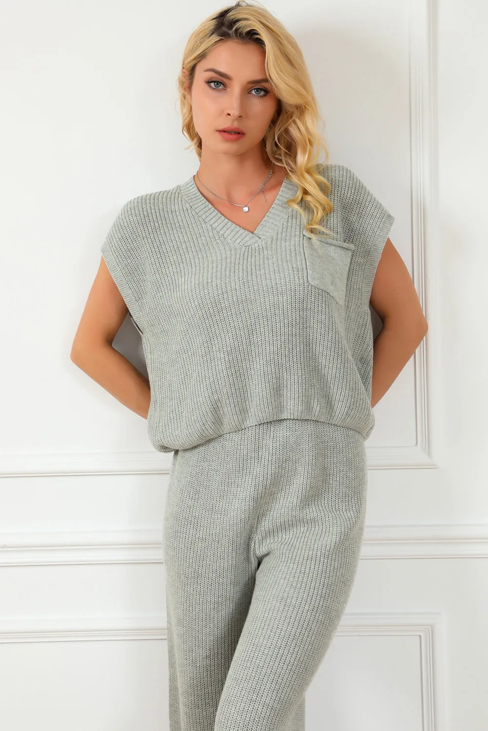 Gray Knitted V Neck Sweater and Casual Pants Set