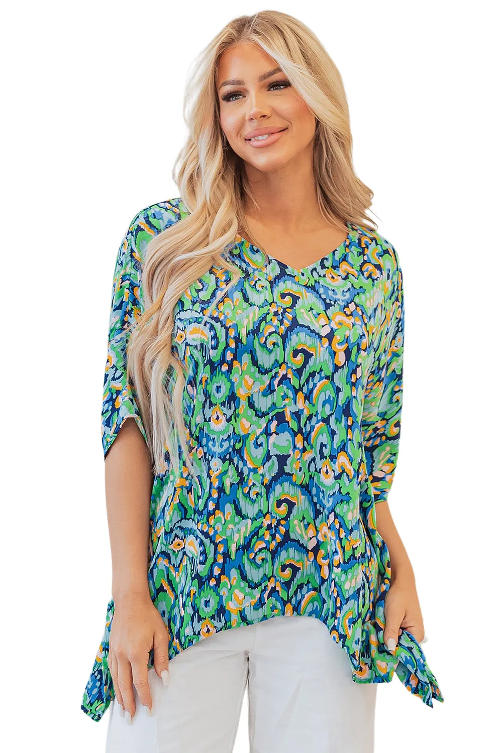 Green Abstract Print V Neck Half Sleeve Loose Fit Tunic Blouse