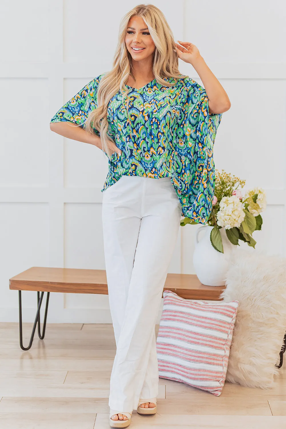 Green Abstract Print V Neck Half Sleeve Loose Fit Tunic Blouse