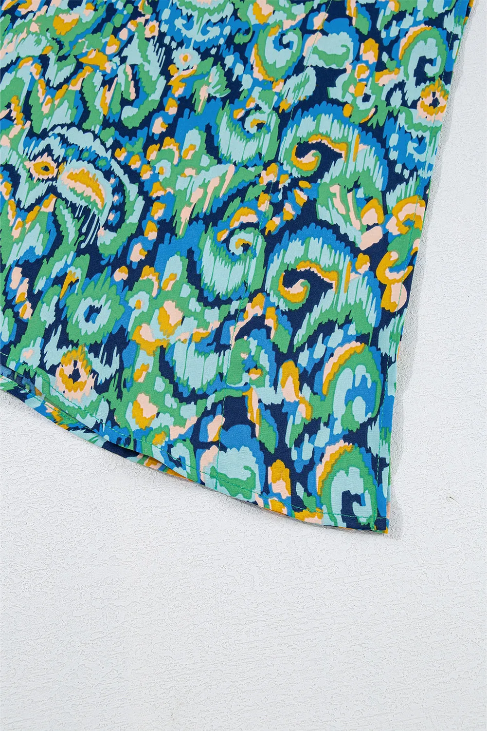 Green Abstract Print V Neck Half Sleeve Loose Fit Tunic Blouse