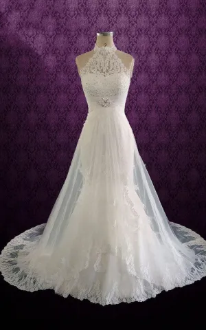 Halter Sleeveless Lace Weddig Dress With Beading And Pleats-710974