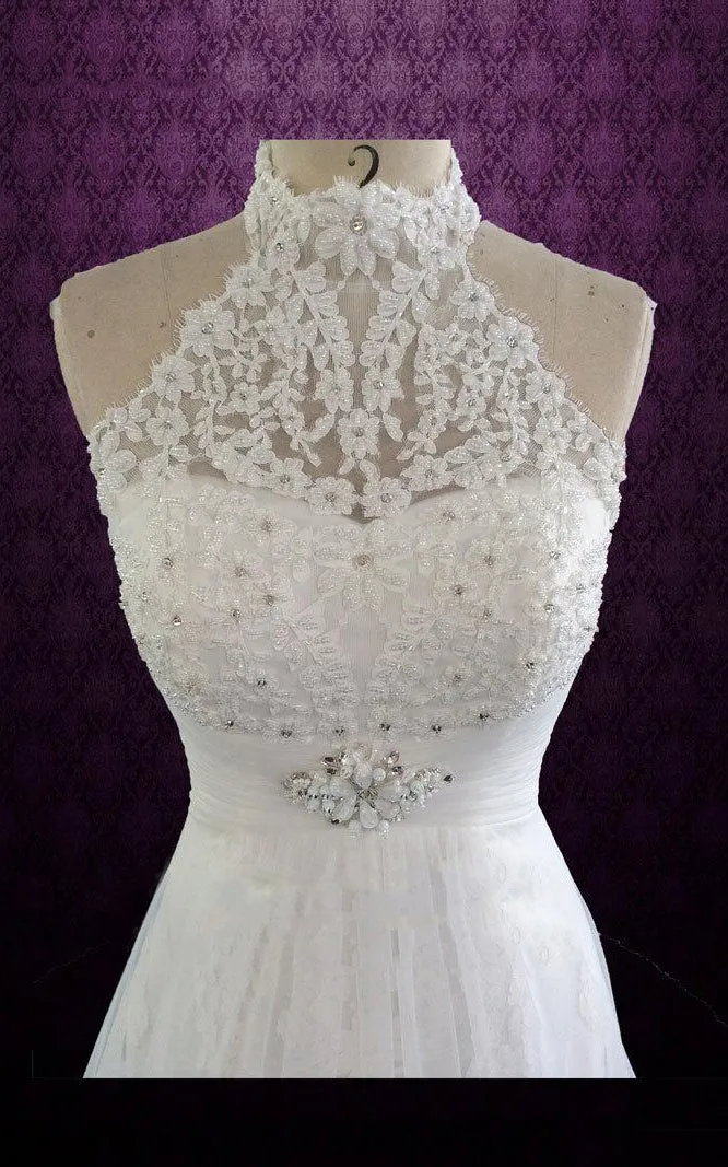Halter Sleeveless Lace Weddig Dress With Beading And Pleats-710974