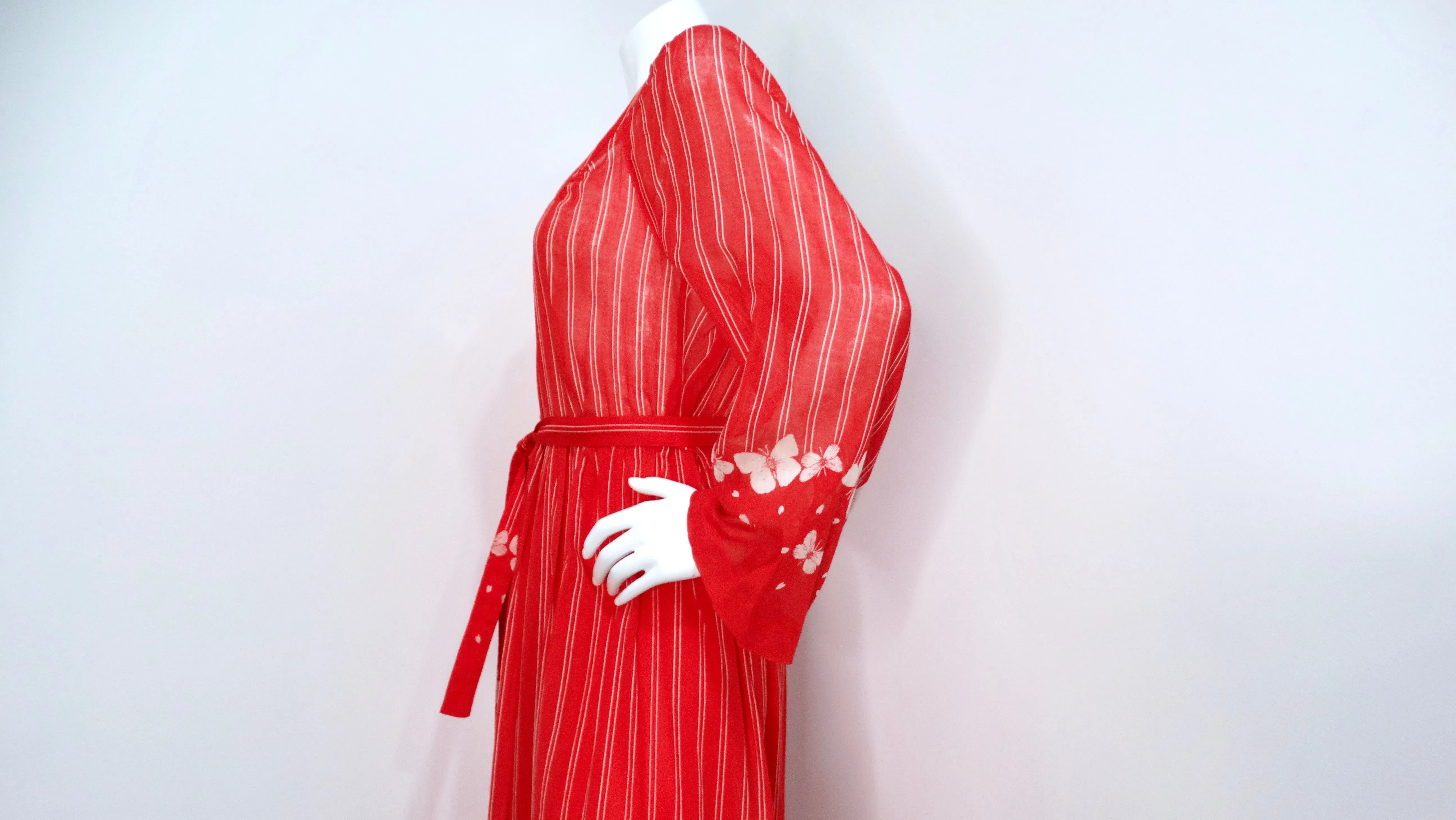 Hanae Mori 1970s Red & White Striped Maxi Dress With Butterfly Print