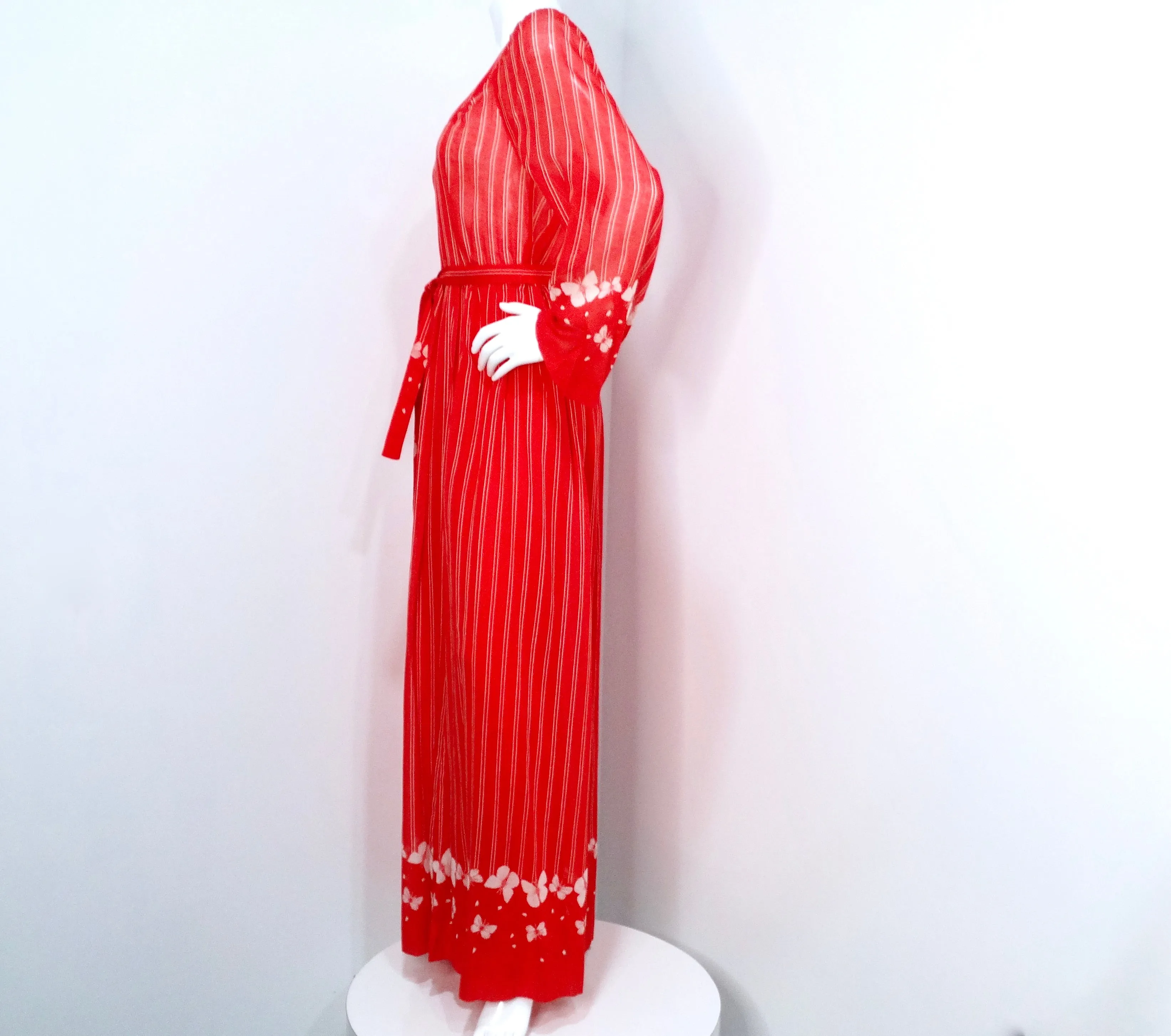 Hanae Mori 1970s Red & White Striped Maxi Dress With Butterfly Print