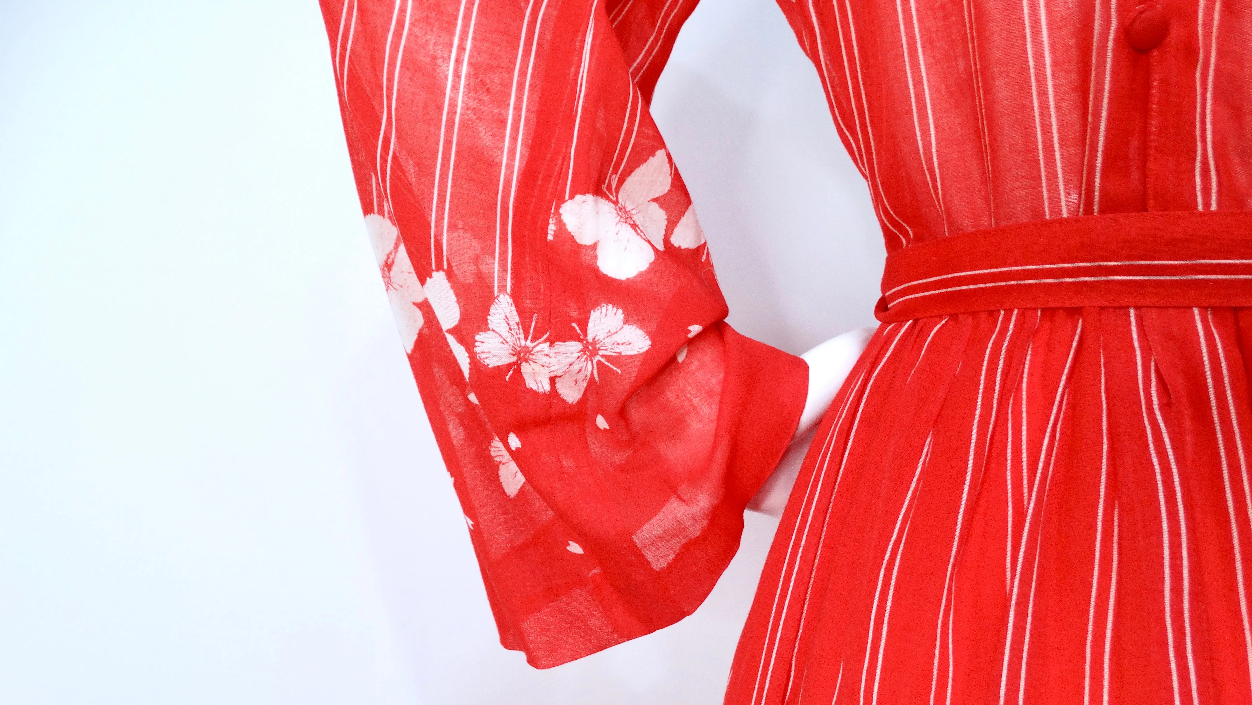 Hanae Mori 1970s Red & White Striped Maxi Dress With Butterfly Print