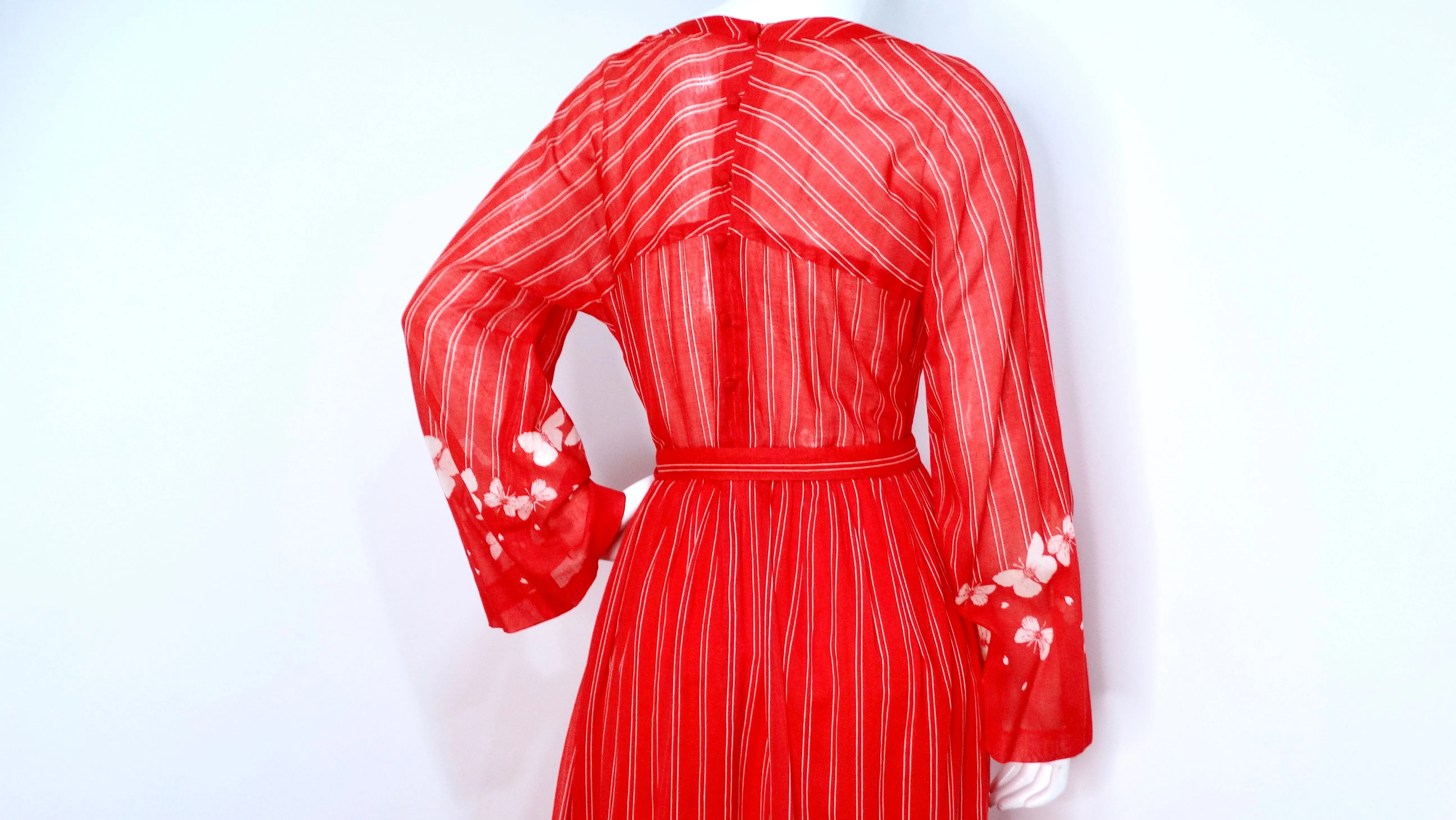 Hanae Mori 1970s Red & White Striped Maxi Dress With Butterfly Print