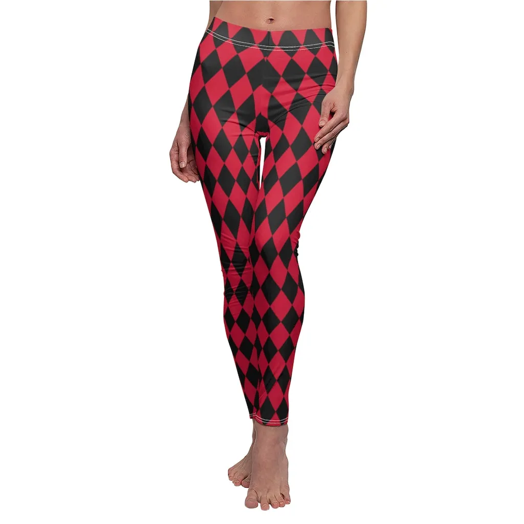 Harlequin Women's Casual Leggings | Black Red Diamonds Pattern Stretch Pants | Comic Book Inspired Suicide Squad Joker