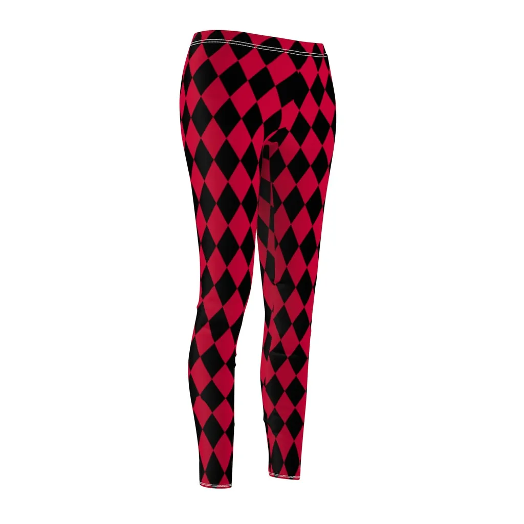 Harlequin Women's Casual Leggings | Black Red Diamonds Pattern Stretch Pants | Comic Book Inspired Suicide Squad Joker
