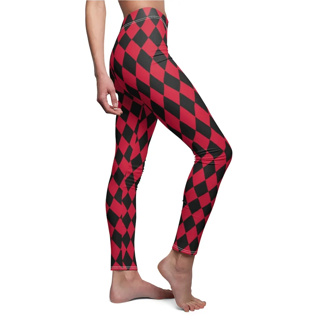 Harlequin Women's Casual Leggings | Black Red Diamonds Pattern Stretch Pants | Comic Book Inspired Suicide Squad Joker