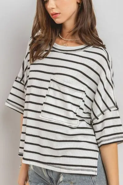 Hazel Blues® |  Ces Femme Side Slit Striped Round Neck Half Sleeve T-Shirt