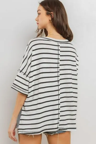 Hazel Blues® |  Ces Femme Side Slit Striped Round Neck Half Sleeve T-Shirt
