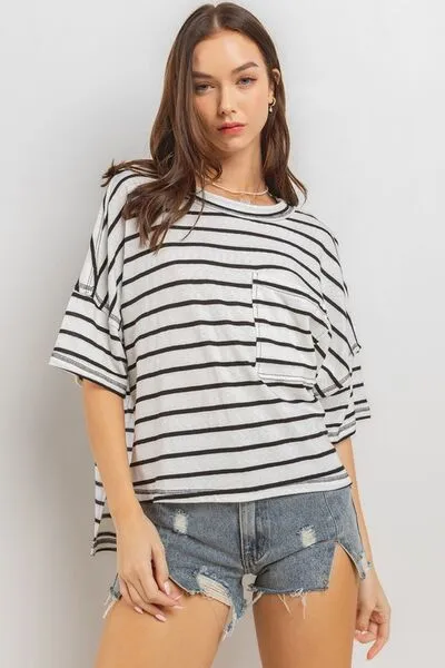 Hazel Blues® |  Ces Femme Side Slit Striped Round Neck Half Sleeve T-Shirt