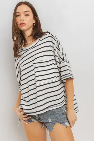 Hazel Blues® |  Ces Femme Side Slit Striped Round Neck Half Sleeve T-Shirt