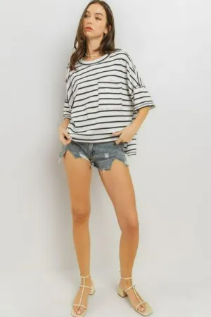 Hazel Blues® |  Ces Femme Side Slit Striped Round Neck Half Sleeve T-Shirt