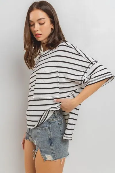Hazel Blues® |  Ces Femme Side Slit Striped Round Neck Half Sleeve T-Shirt