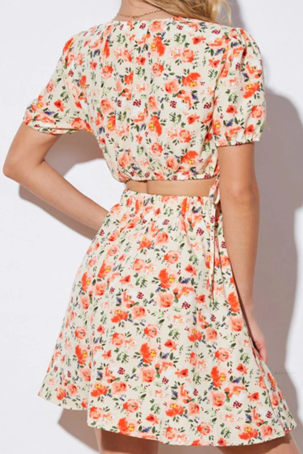 Hazel Blues® | Floral Cutout Short Puff Sleeve Dress