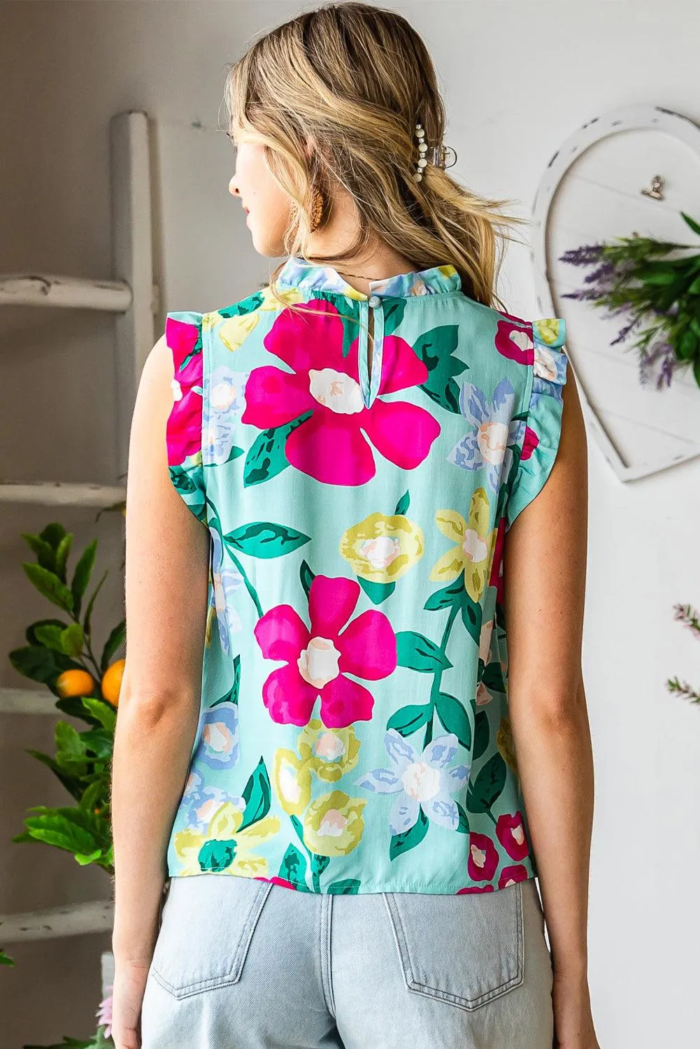 Hazel Blues® |  Floral Print Ruffle Shoulder Blouse