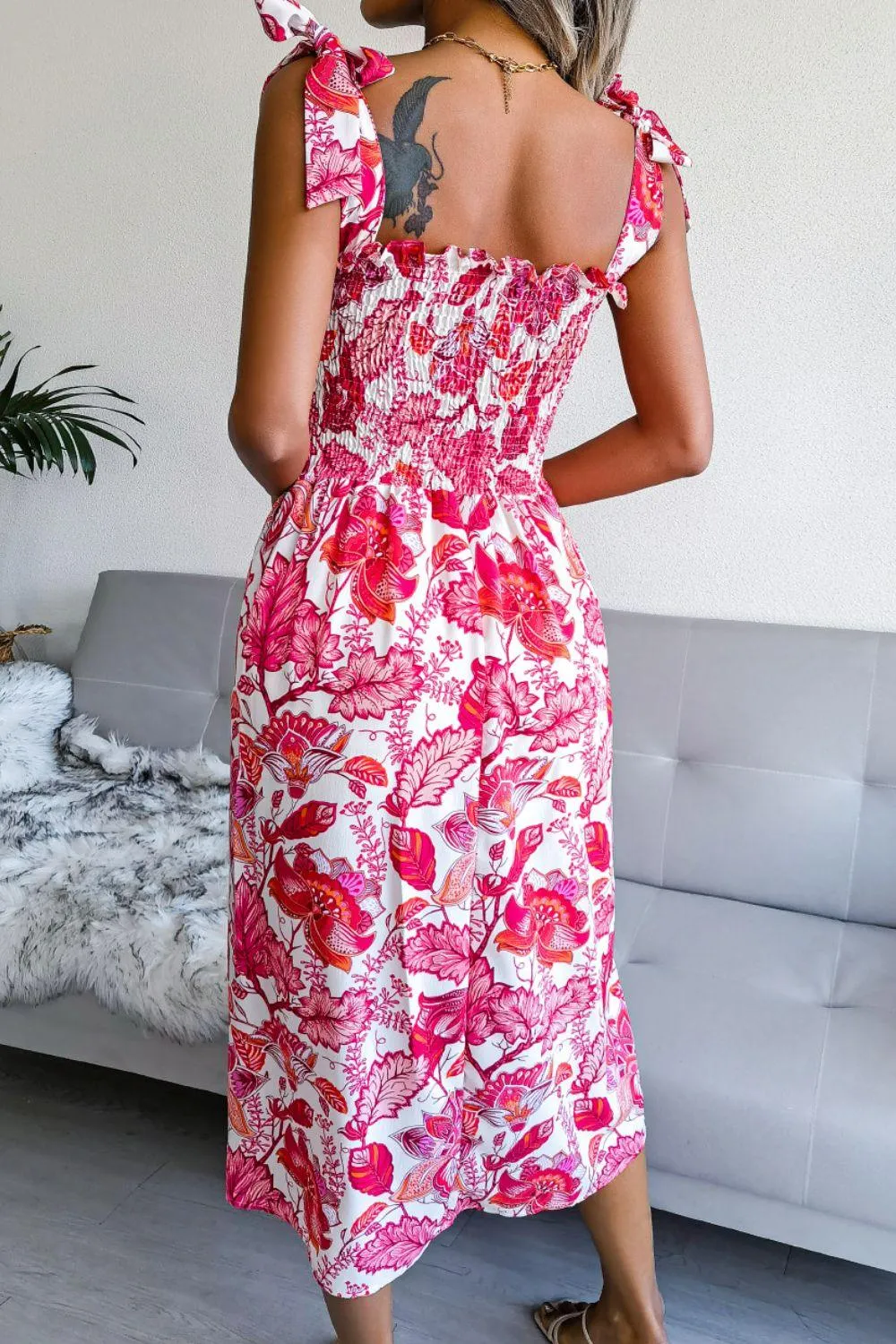 Hazel Blues® | Floral Tie Shoulder Smocked Midi Dress