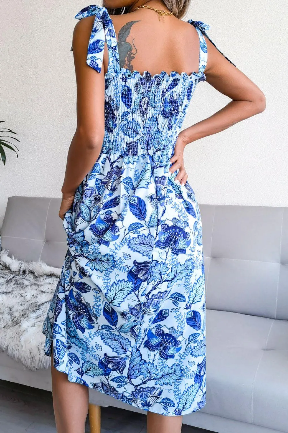 Hazel Blues® | Floral Tie Shoulder Smocked Midi Dress