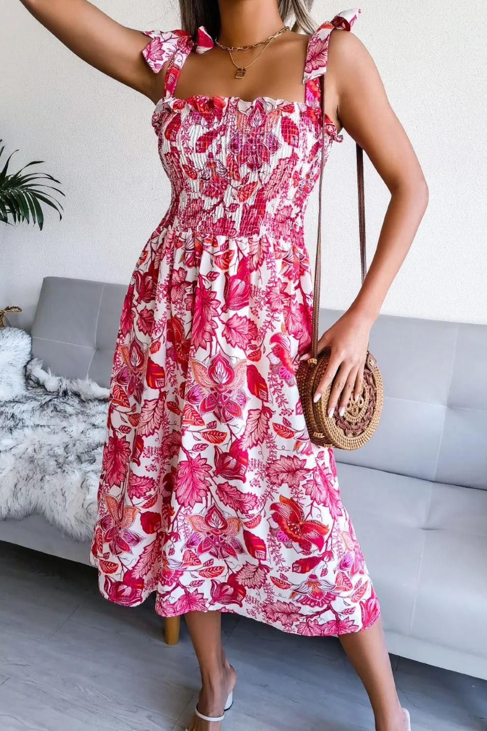 Hazel Blues® | Floral Tie Shoulder Smocked Midi Dress