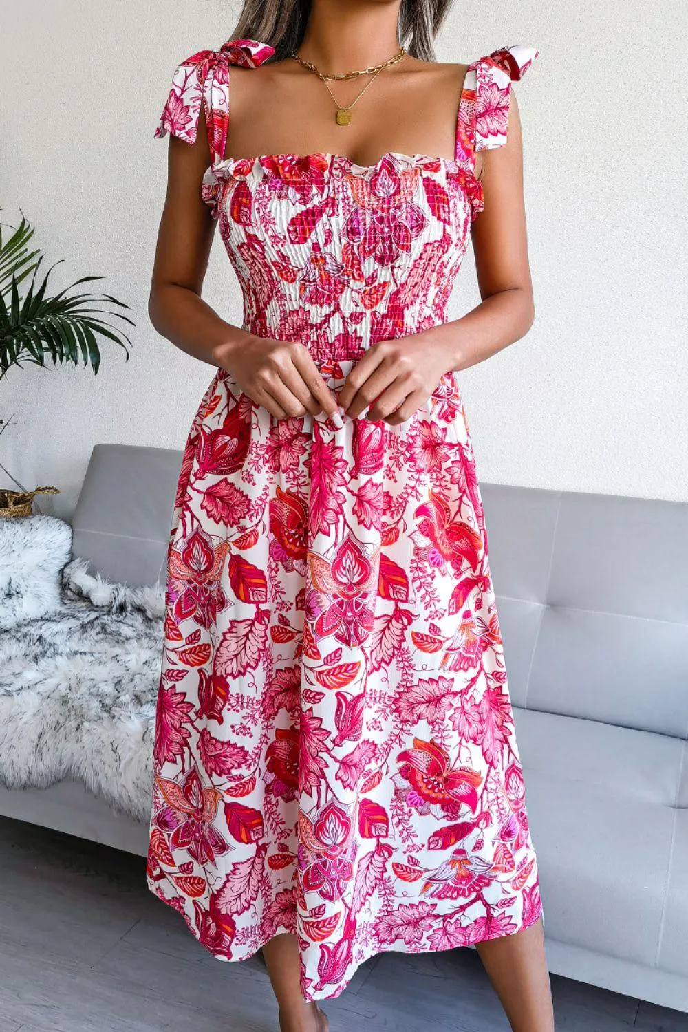 Hazel Blues® | Floral Tie Shoulder Smocked Midi Dress