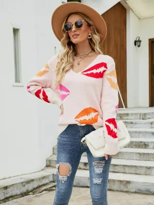 Hazel Blues® | Lip Print V-Neck Knit Top