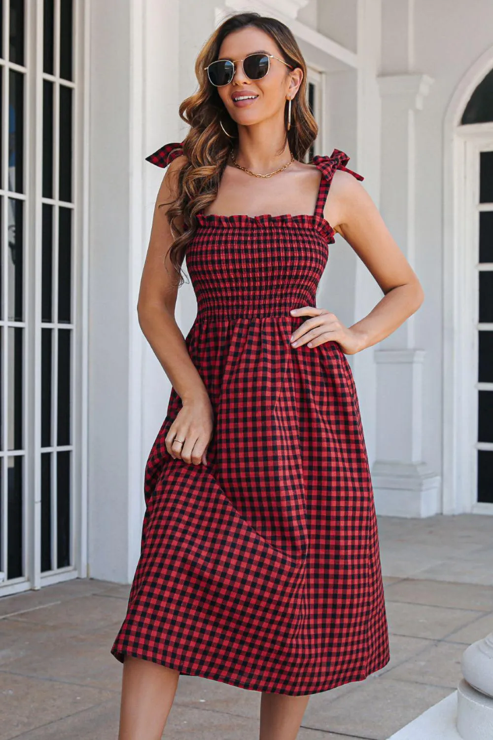 Hazel Blues® | Plaid Frill Trim Tie Shoulder Dress