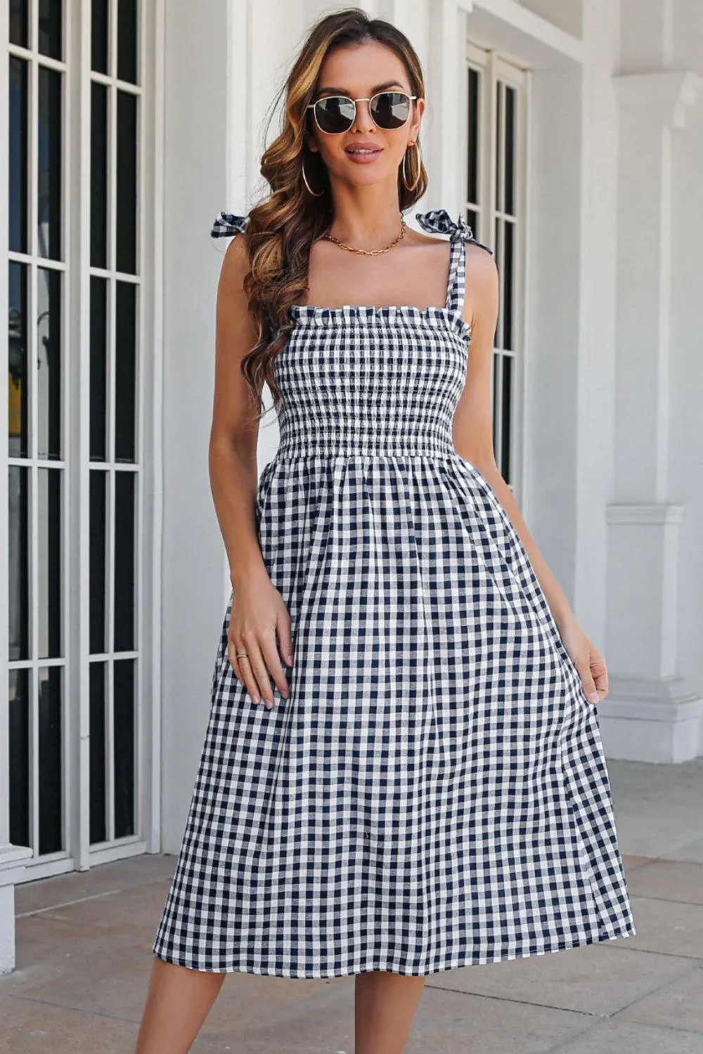 Hazel Blues® | Plaid Frill Trim Tie Shoulder Dress