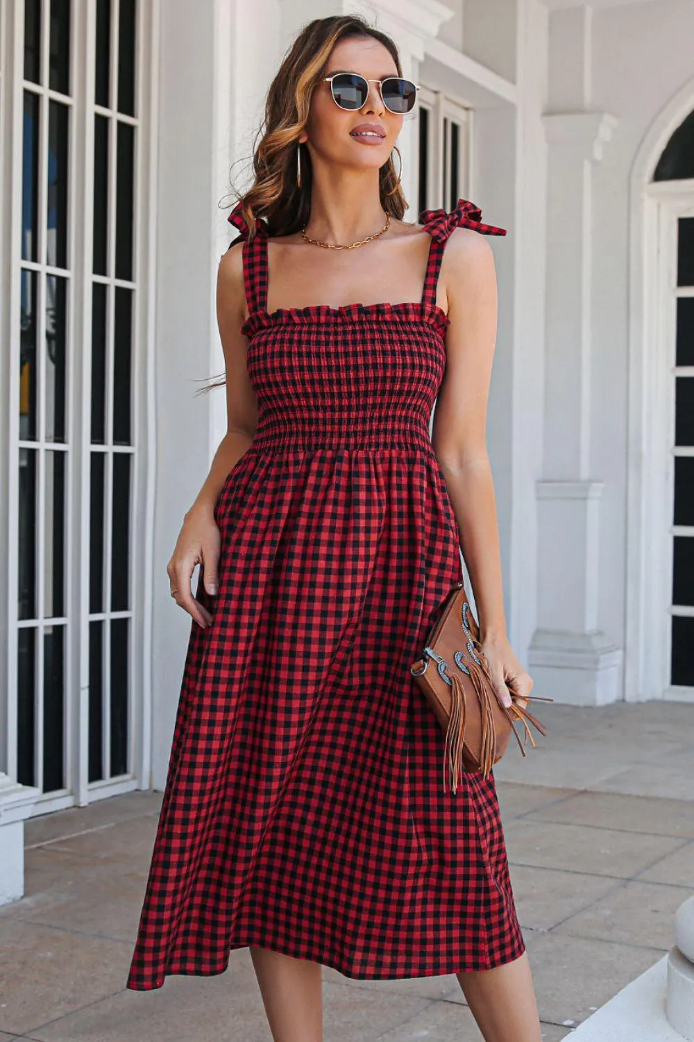 Hazel Blues® | Plaid Frill Trim Tie Shoulder Dress