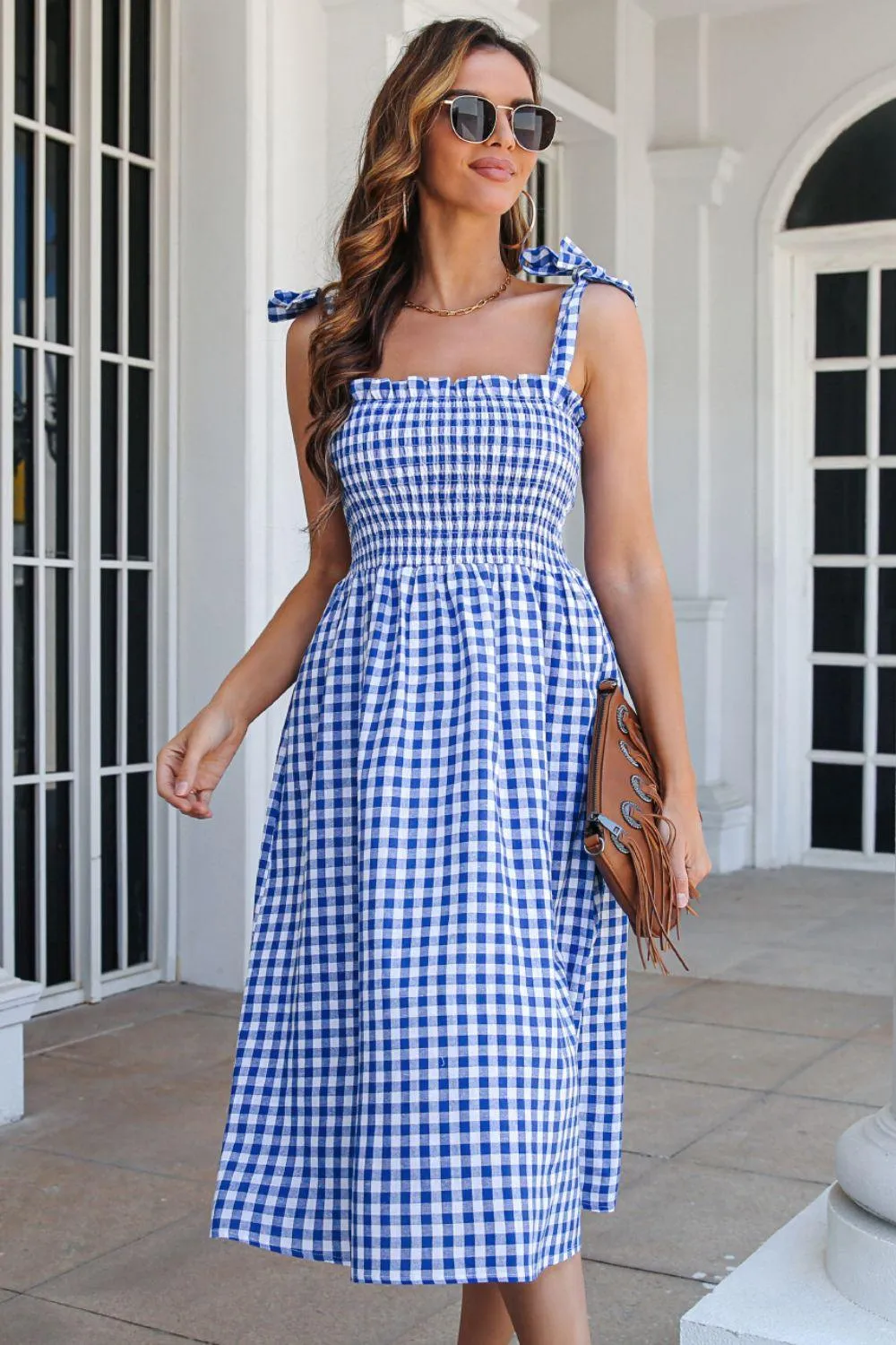 Hazel Blues® | Plaid Frill Trim Tie Shoulder Dress
