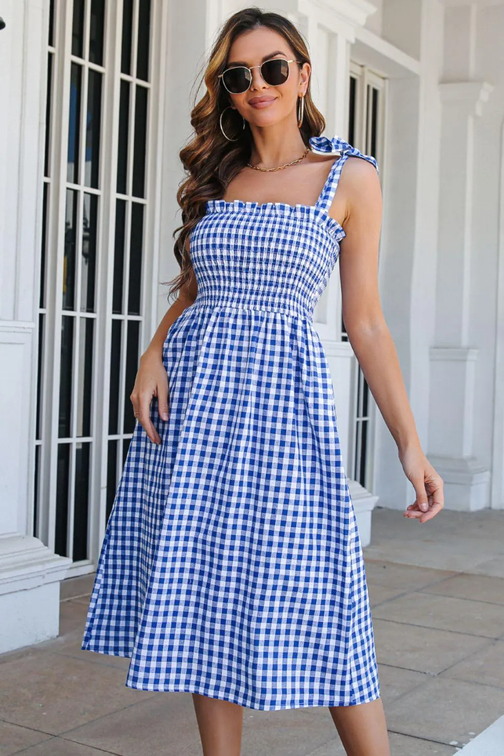 Hazel Blues® | Plaid Frill Trim Tie Shoulder Dress