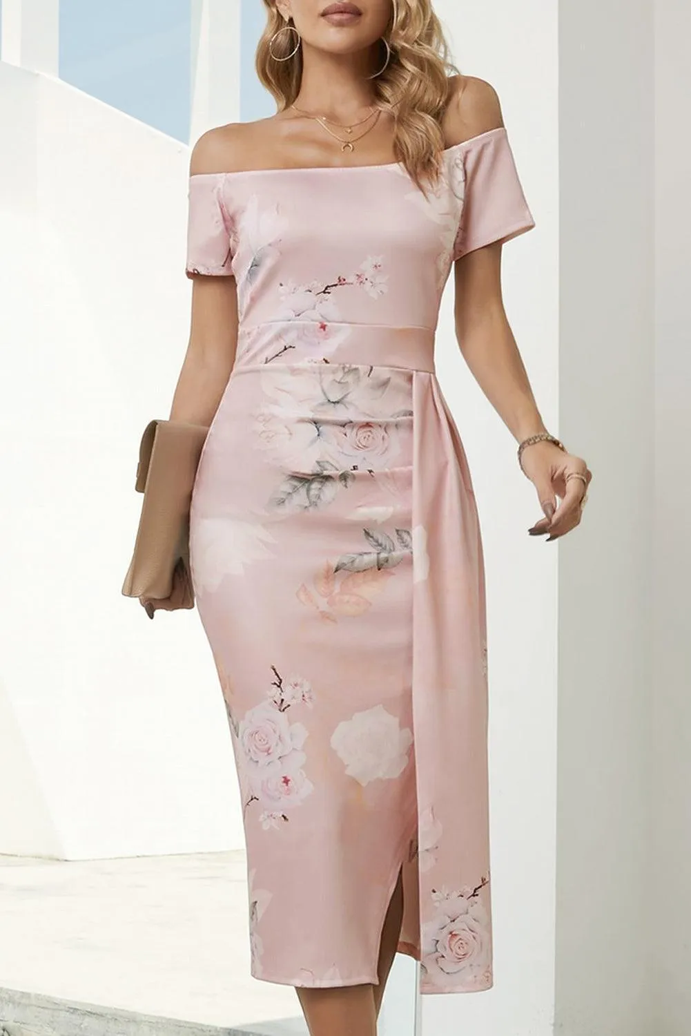 Hazel Blues® | Printed Off-Shoulder Split Dress