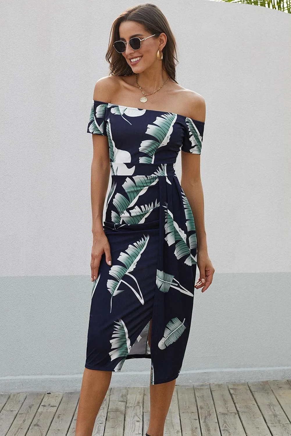 Hazel Blues® | Printed Off-Shoulder Split Dress