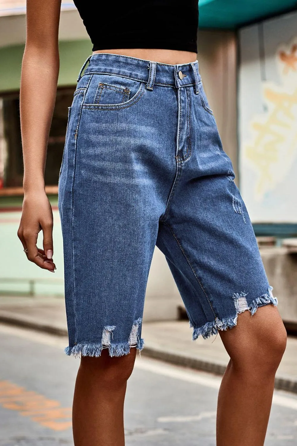 Hazel Blues® |  Raw Hem High Waist Denim Shorts with Pockets