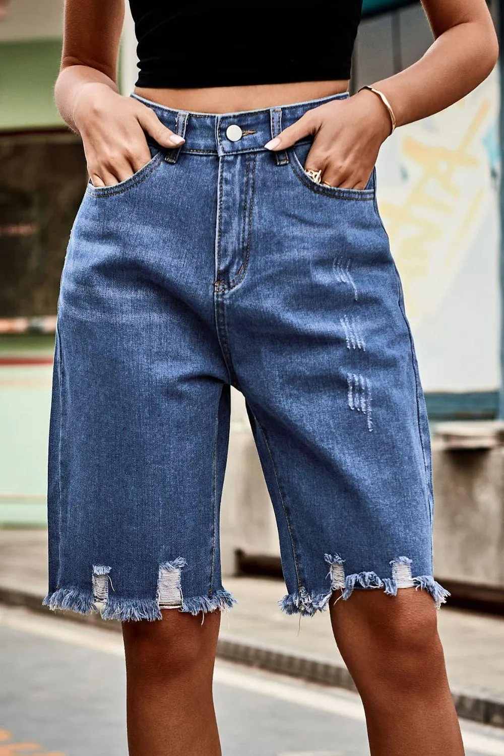 Hazel Blues® |  Raw Hem High Waist Denim Shorts with Pockets