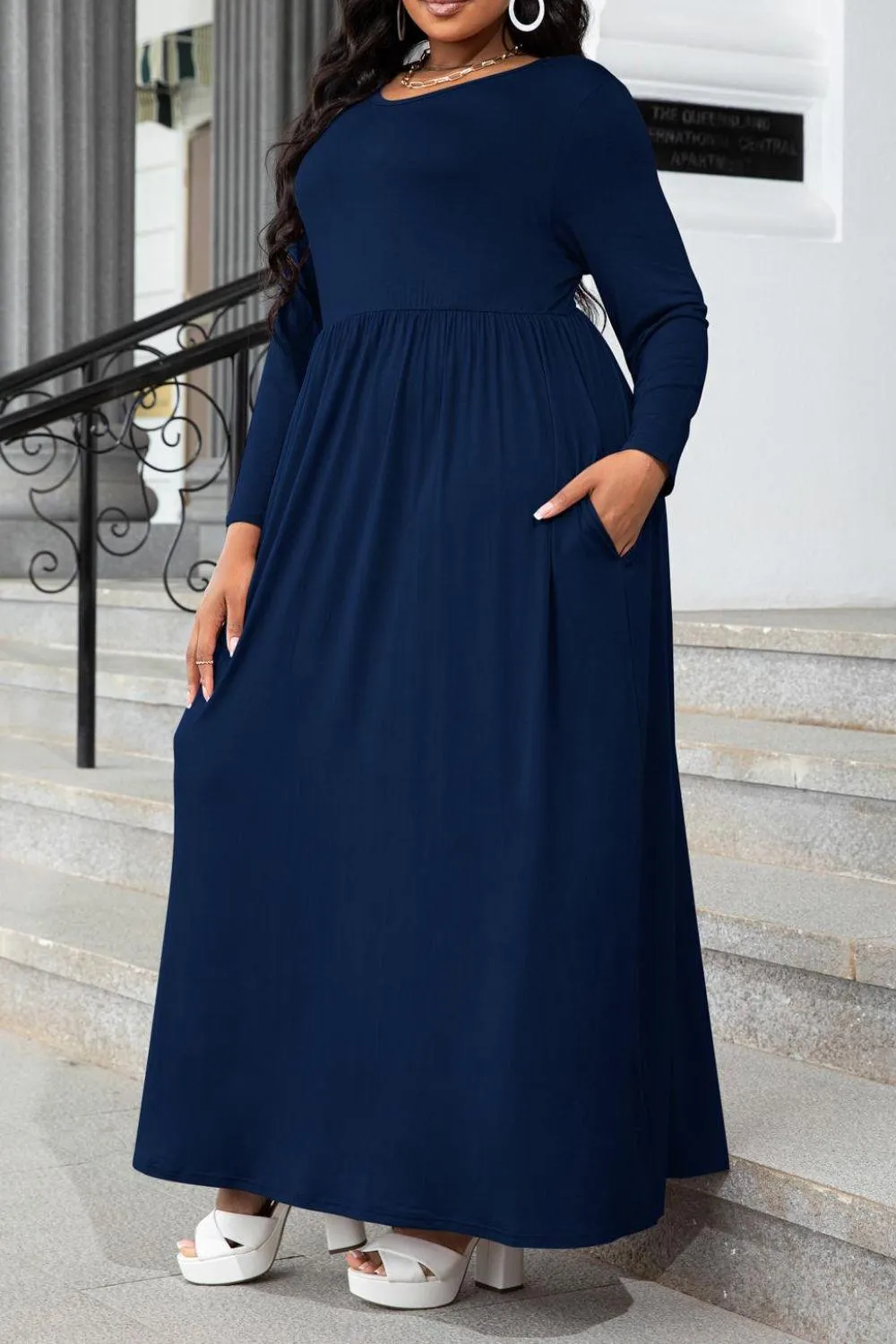 Hazel Blues® | Round Neck Long Sleeve Maxi Dress with Pockets