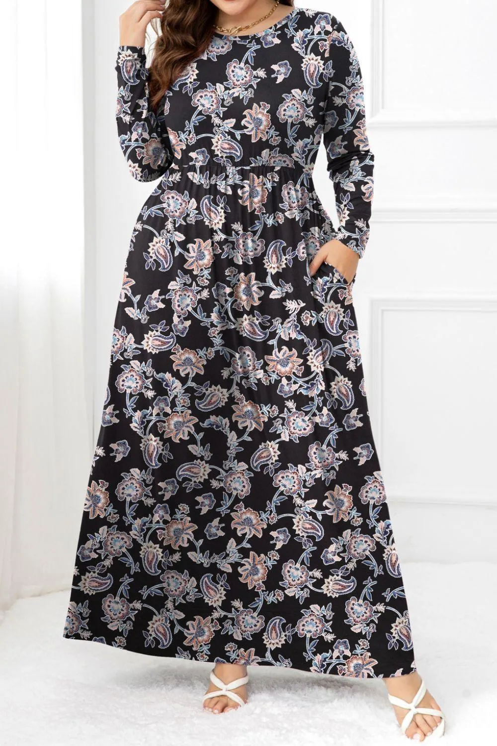 Hazel Blues® | Round Neck Long Sleeve Maxi Dress with Pockets