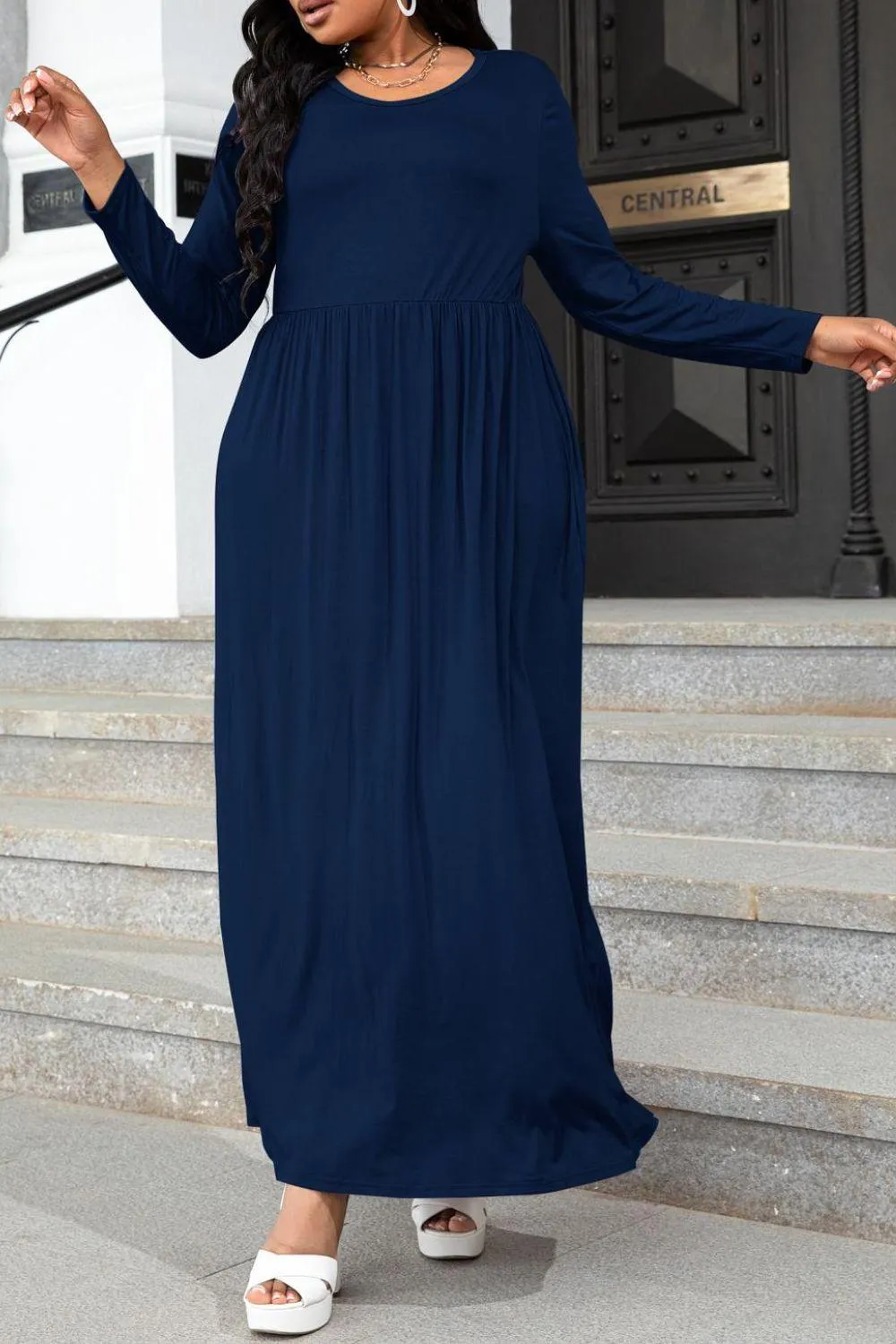 Hazel Blues® | Round Neck Long Sleeve Maxi Dress with Pockets