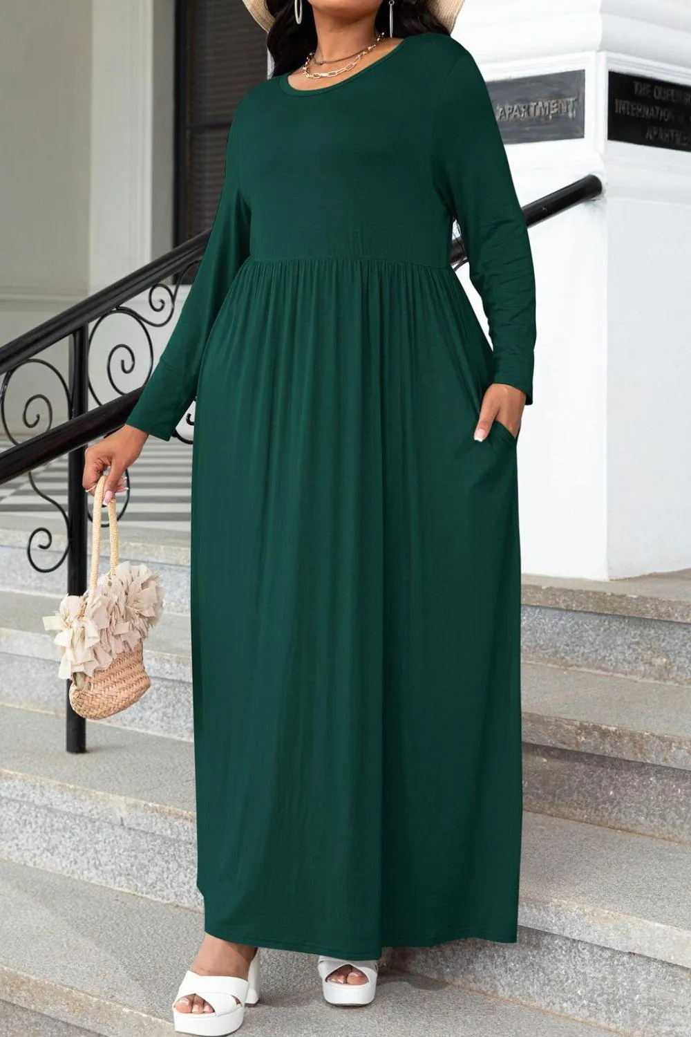 Hazel Blues® | Round Neck Long Sleeve Maxi Dress with Pockets
