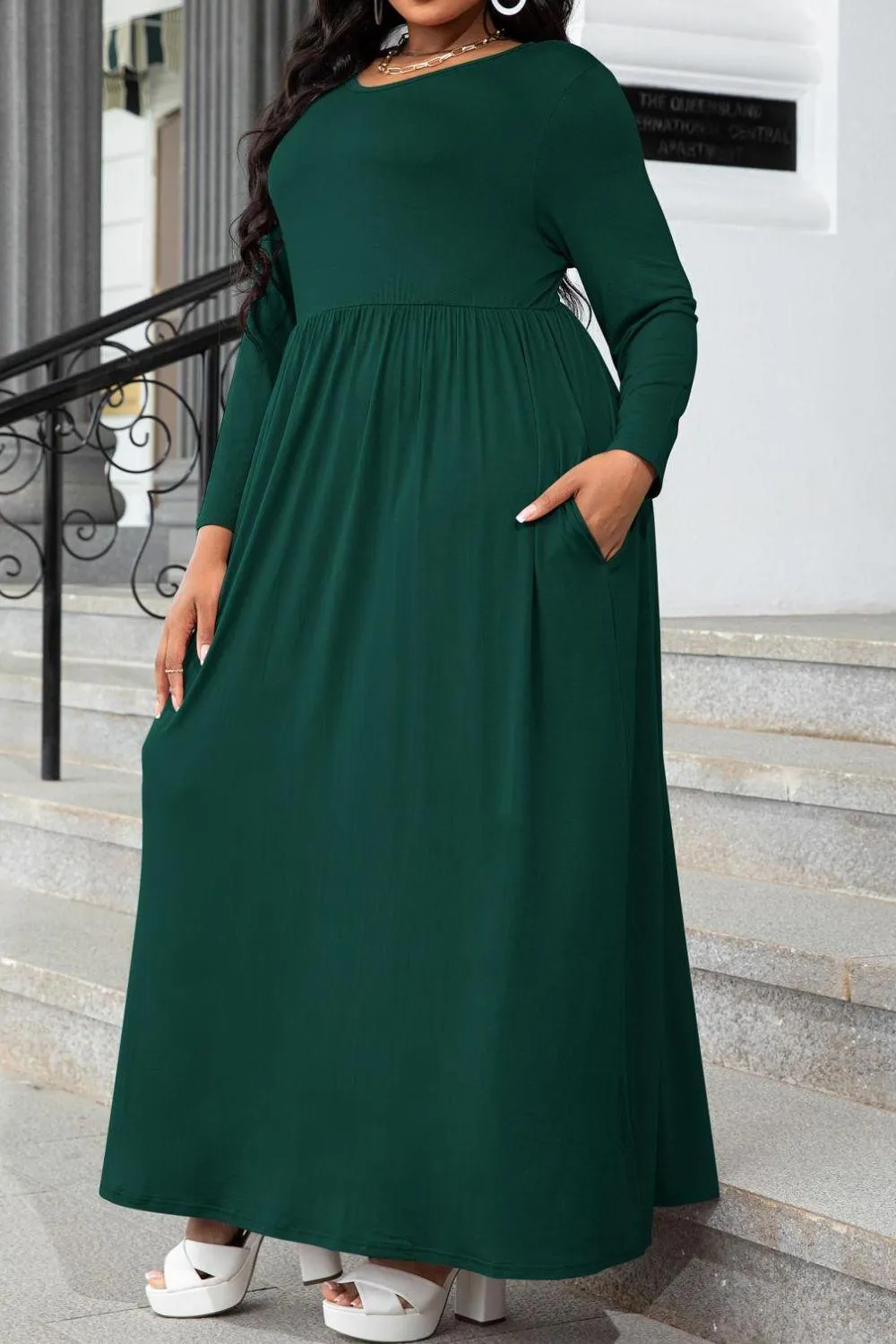 Hazel Blues® | Round Neck Long Sleeve Maxi Dress with Pockets