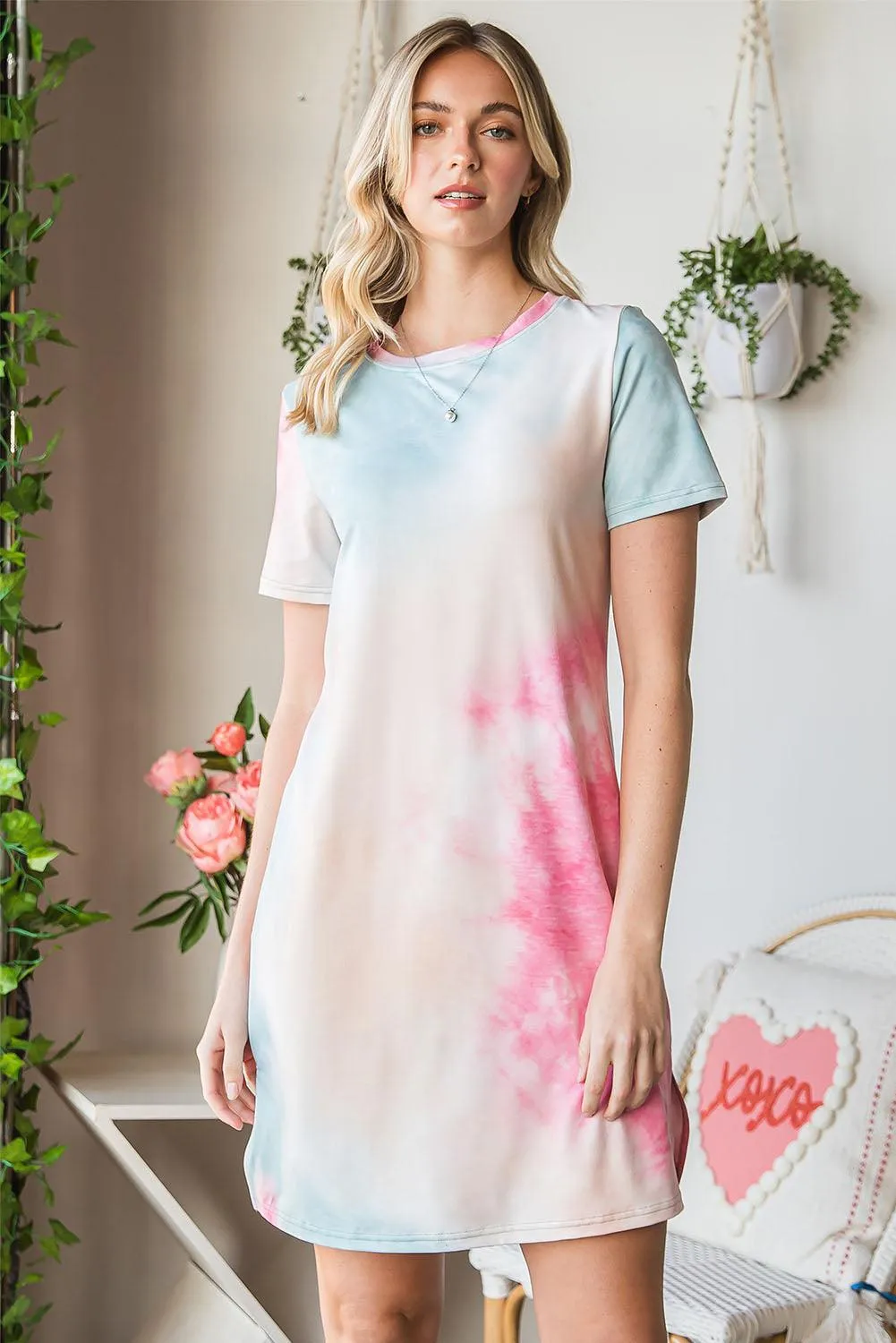 Hazel Blues® | Tie-Dye Round Neck Short Sleeve Slit Dress